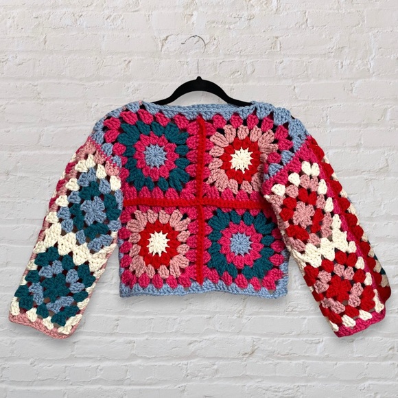 Handmade Crochet Granny Square Chunky Reversible Sweater with Floral Patchwork - Picture 1 of 8